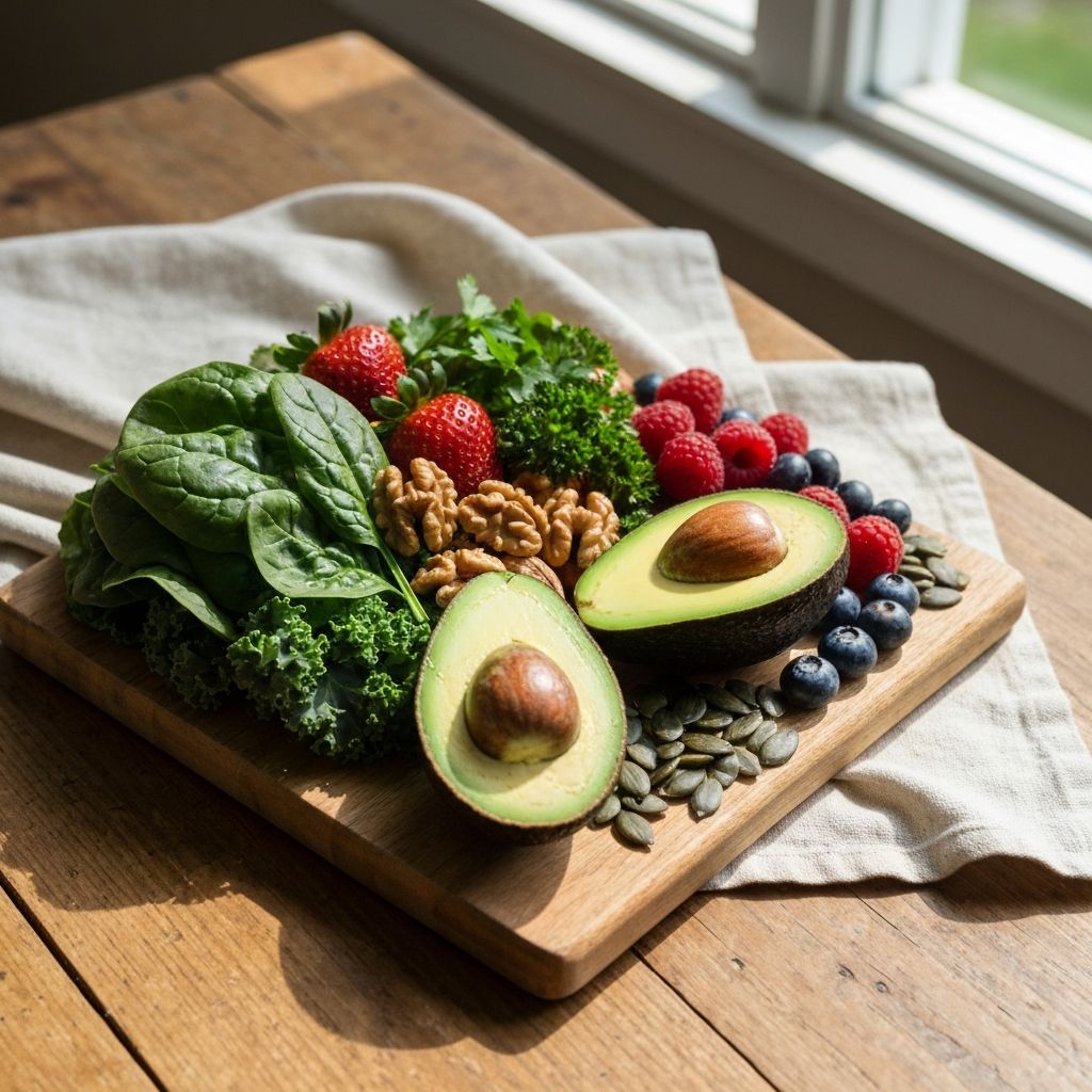 Świeże warzywa, owoce i orzechy na drewnianej powierzchni