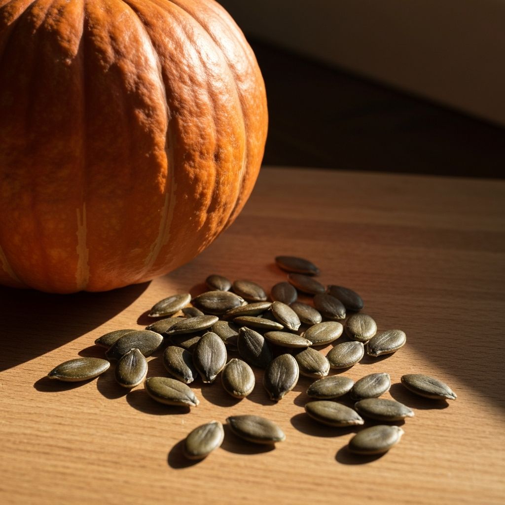 Ziarna dyni rozrzucone na drewnianej powierzchni